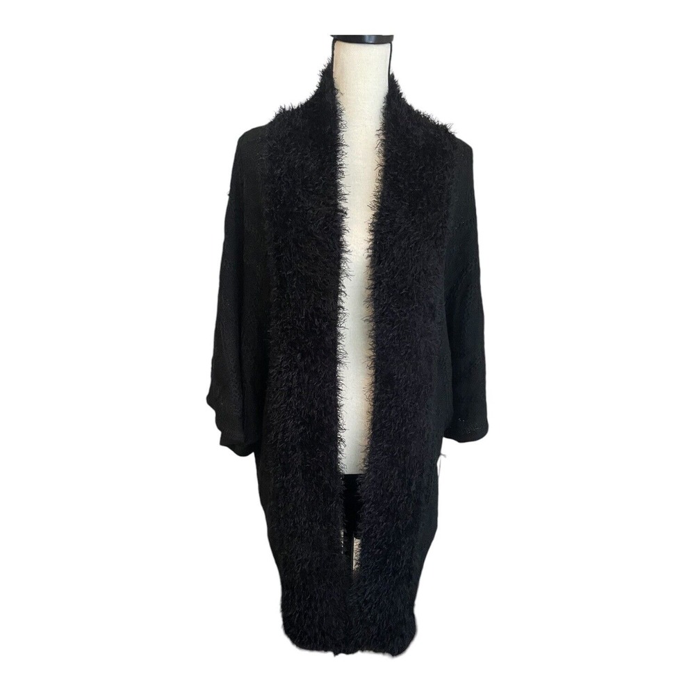 BCBGMAXAZRIA Cardigan Women's Medium Black Open Front Longline Faux Fur NWT